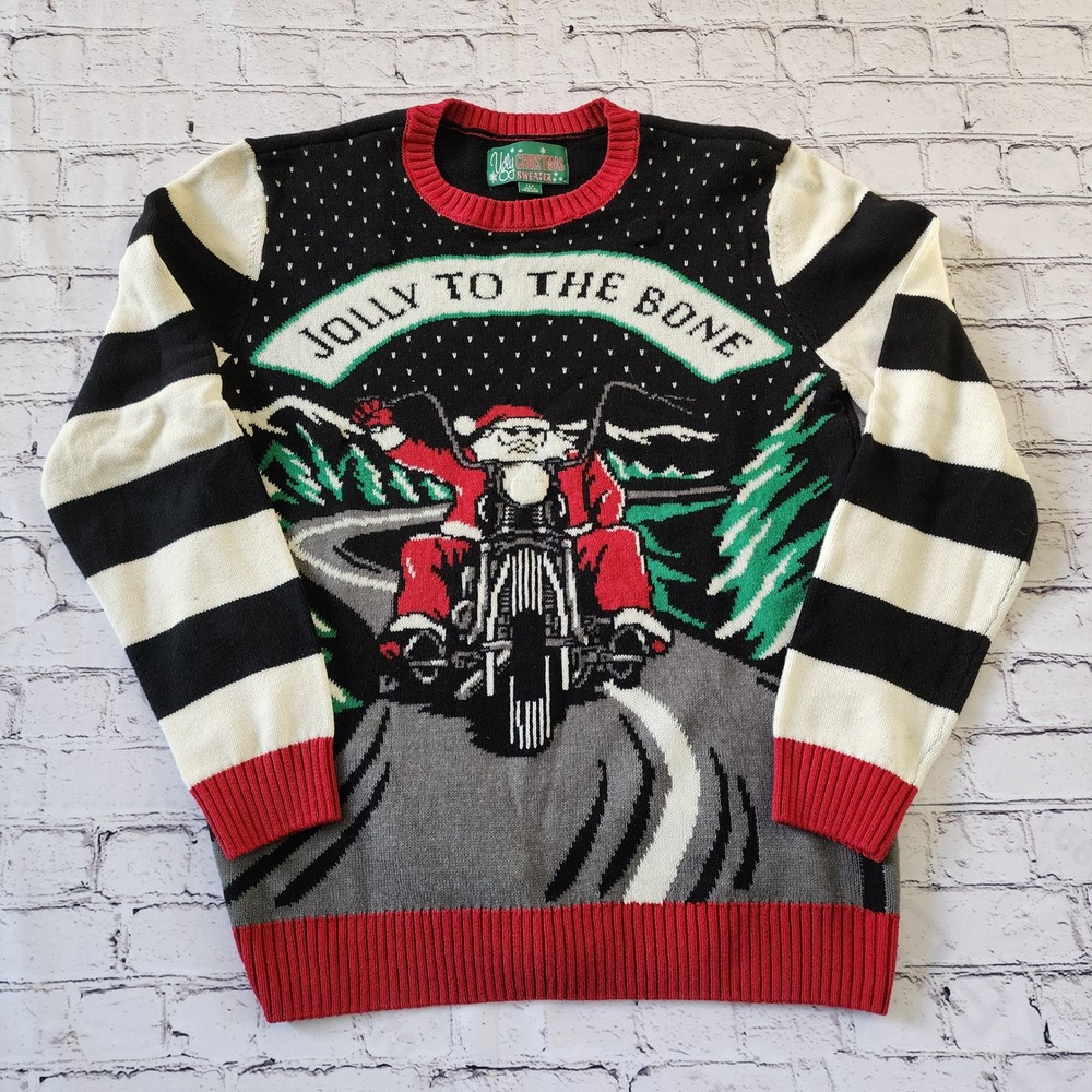 Ugly Christmas Sweater Jolly To The Bone Santa Biker Mens Large Black